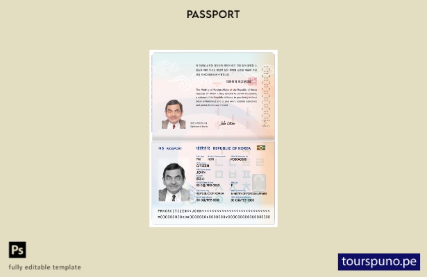 Plantilla de pasaporte de Corea (presente) lista para imprimir